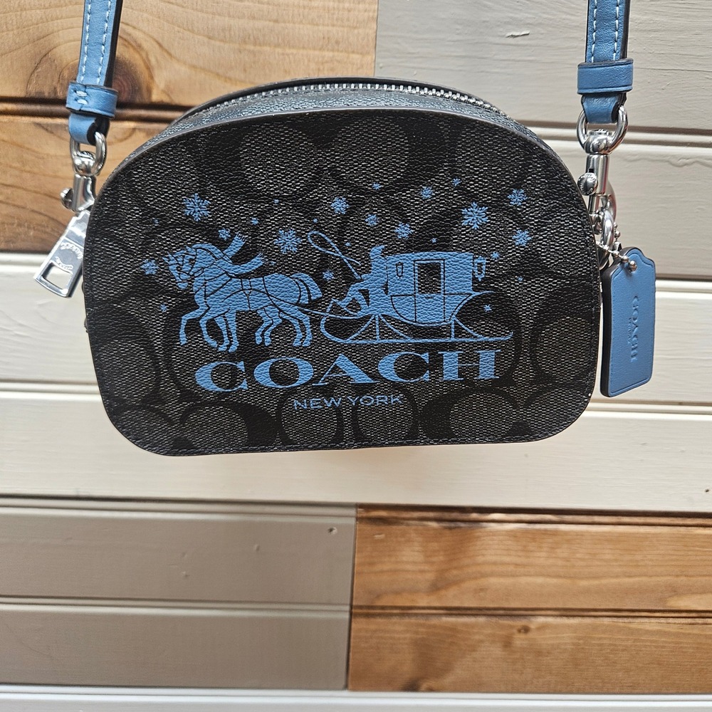 Coach Horse and Carriage Sleigh Crossbody Bag Signature Canvas Black Blue C7006